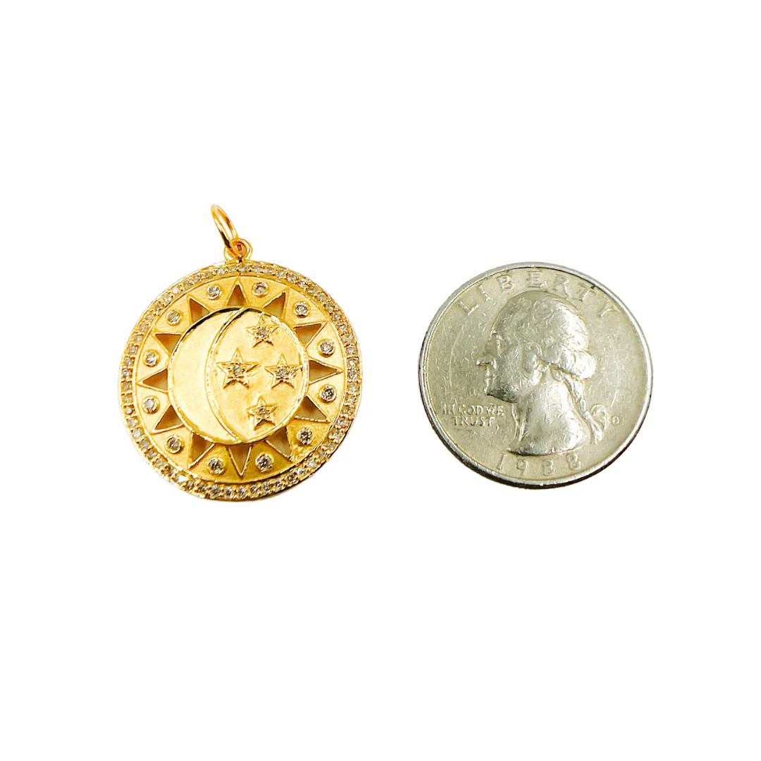GDP110. 14K Solid Gold with Diamonds Circle Shape Sun and Stars Charm - Image 2
