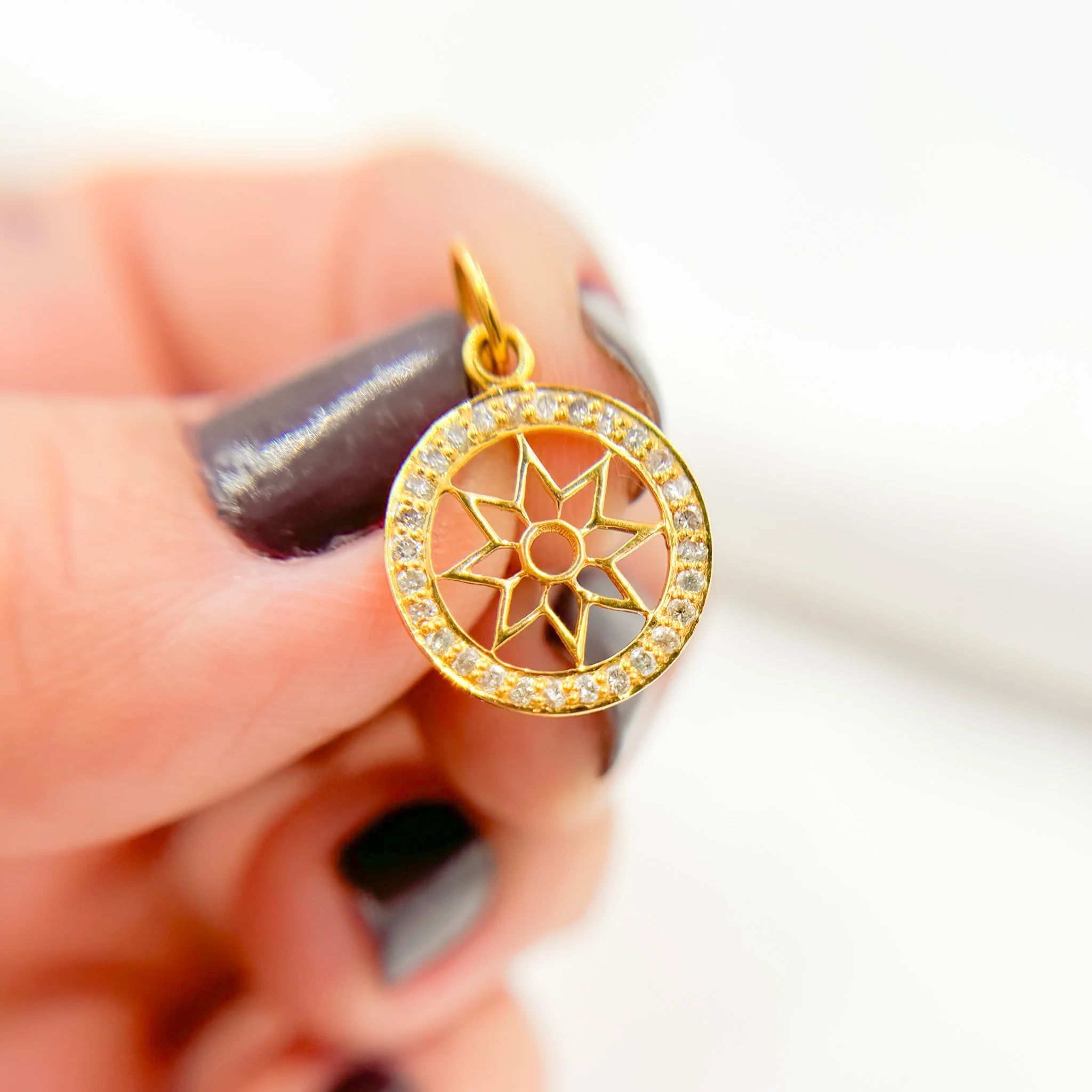 14K Solid Gold Diamond Circle Flower Charm. GDP153