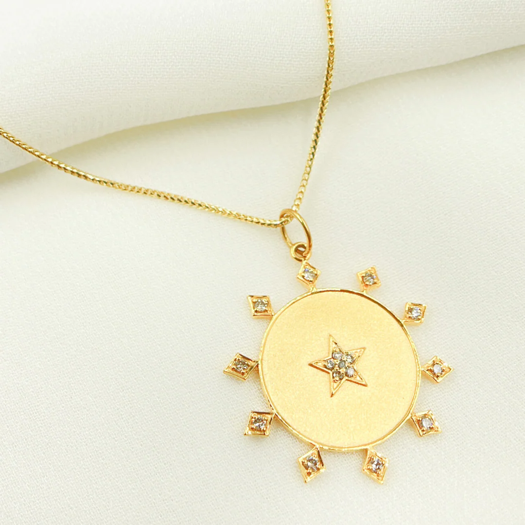 14K Solid Gold Diamonds Star Circle Charm. GDP180 - Image 2