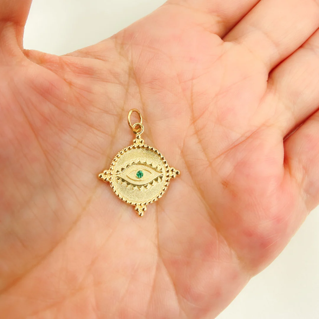 GDP183. 14K Solid Gold Round Eye Charm with Gemstone - Image 2