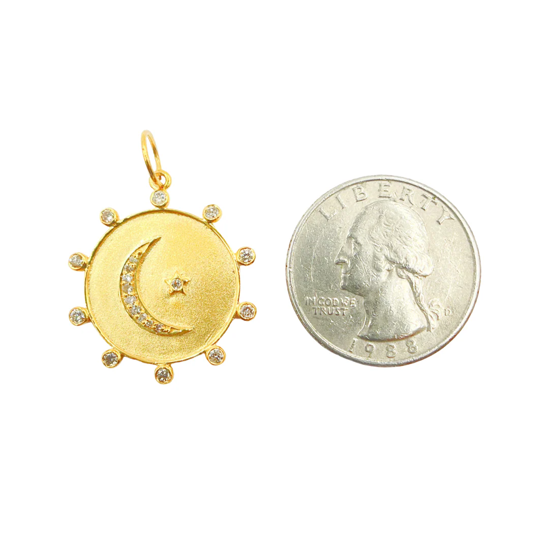 14K Solid Gold with Diamonds Circle Shape Charm with Moon and Star in the Center. GDP205 - Image 3