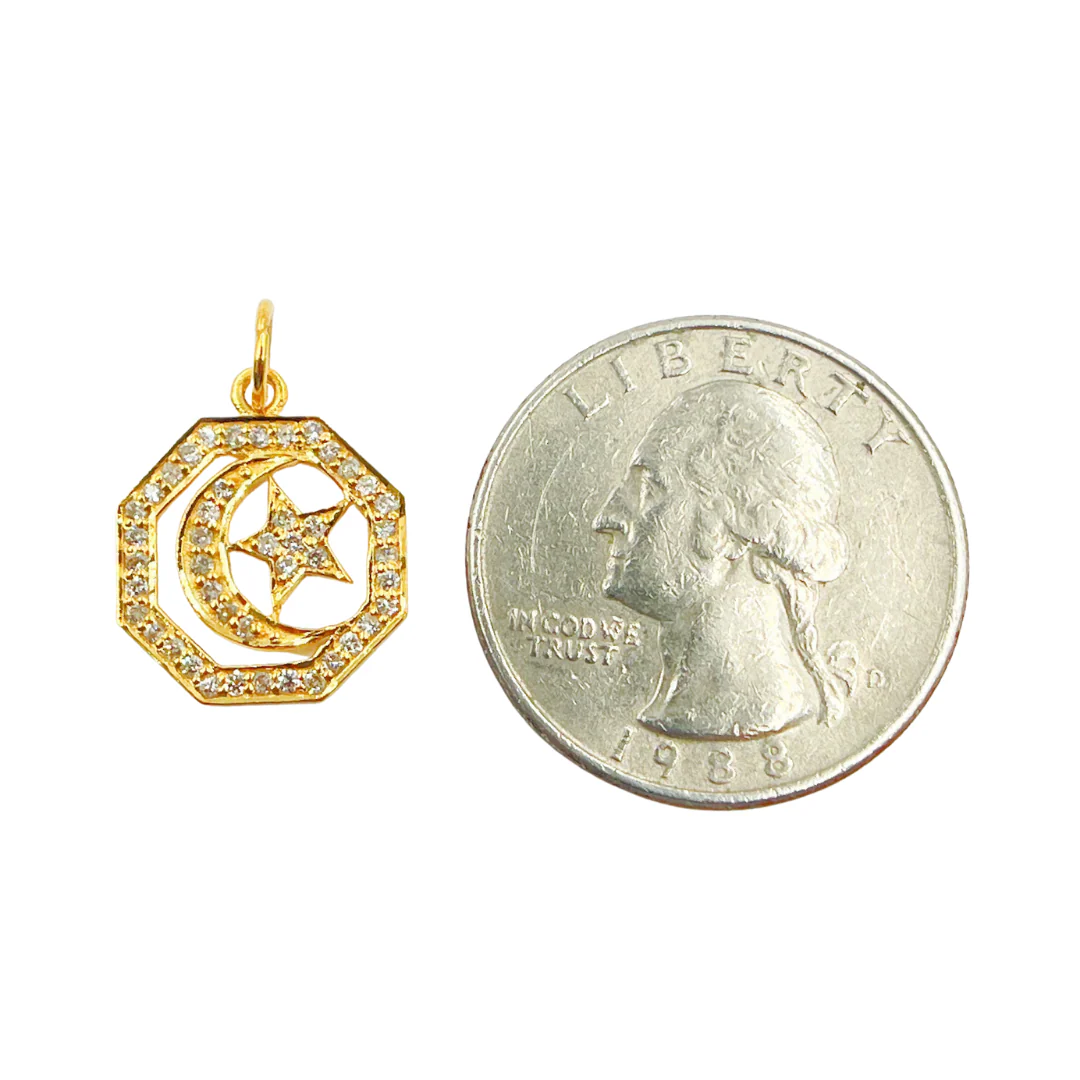 GDP210. 14K Solid Gold Diamond Octagon Moon and Star Charm - Image 2
