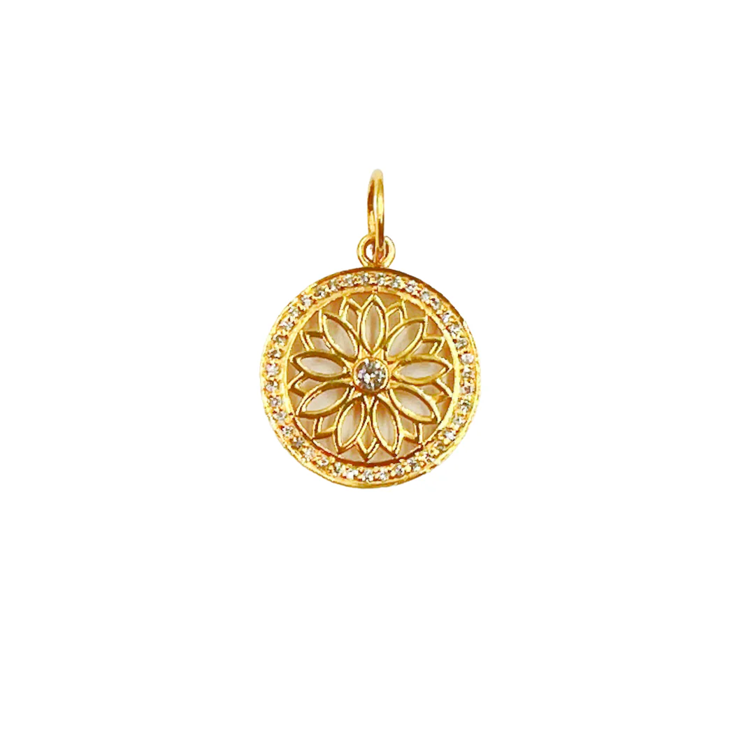 14K Gold Charm. Circle Pendant with Diamonds. GDP232