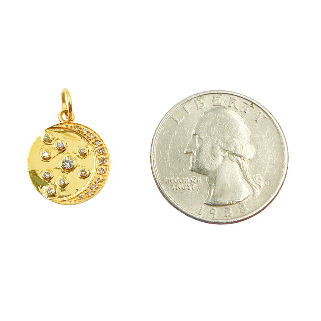 14K Solid Gold with Diamonds Circle Charm with Moon and Dots in the Center. GDP252 - Image 2