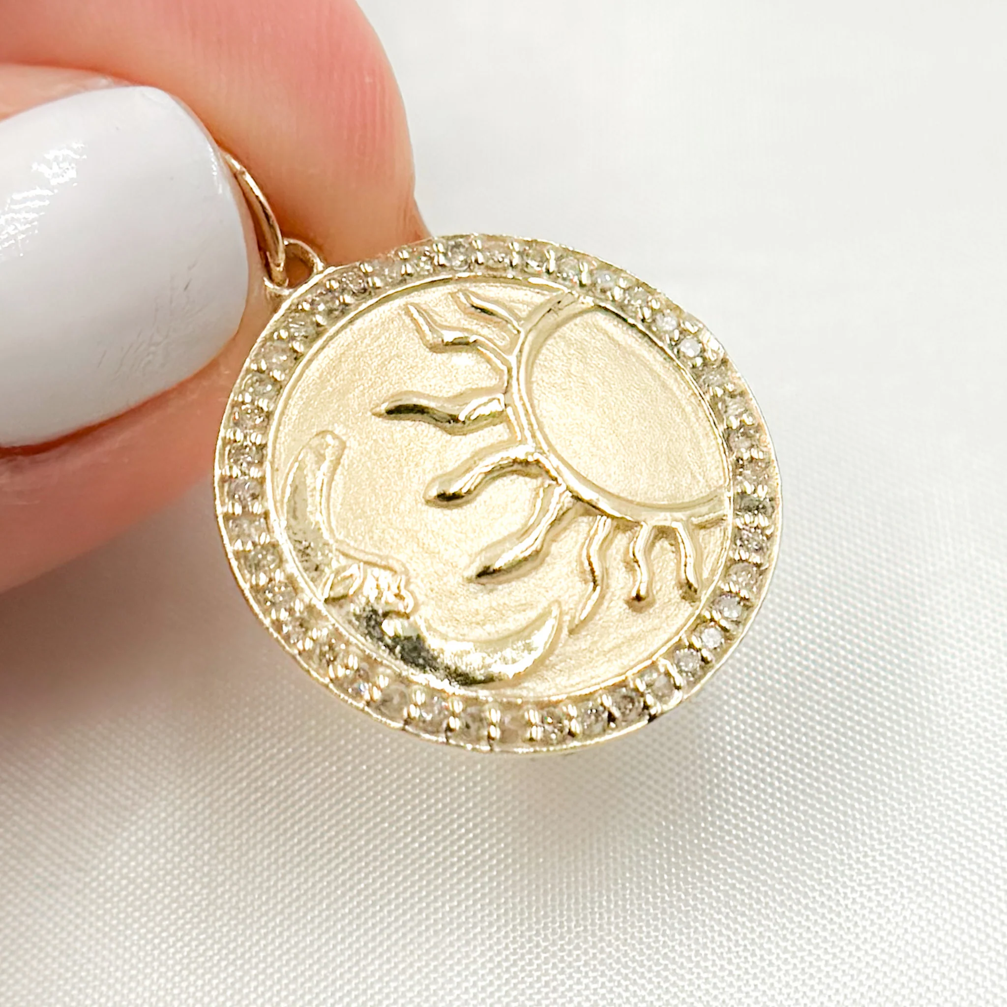 GDP26. 14K Solid Gold Diamond Sun and Moon Circle Charm - Image 3