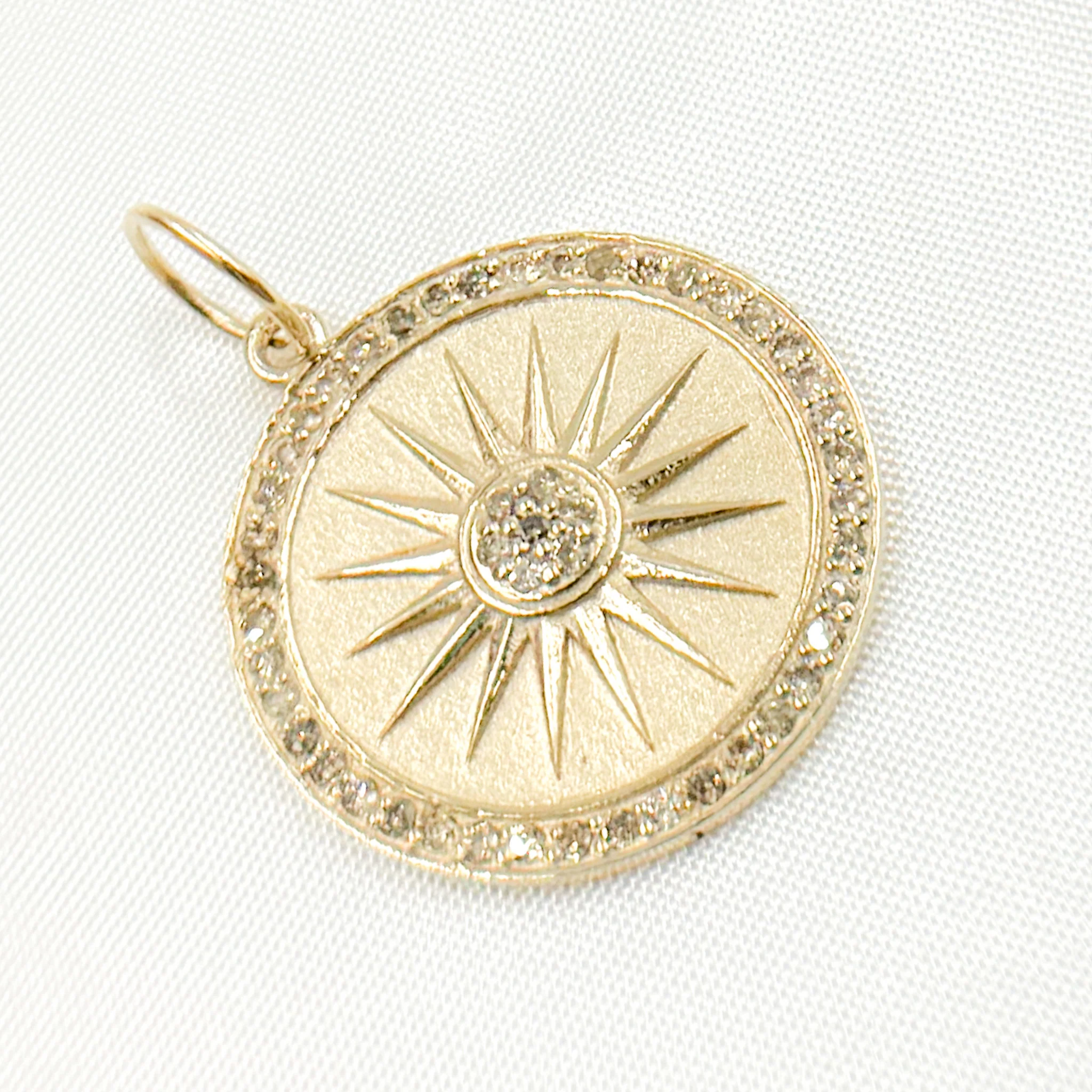 GDP275. 14K Solid Gold Diamond Round Sun Charm