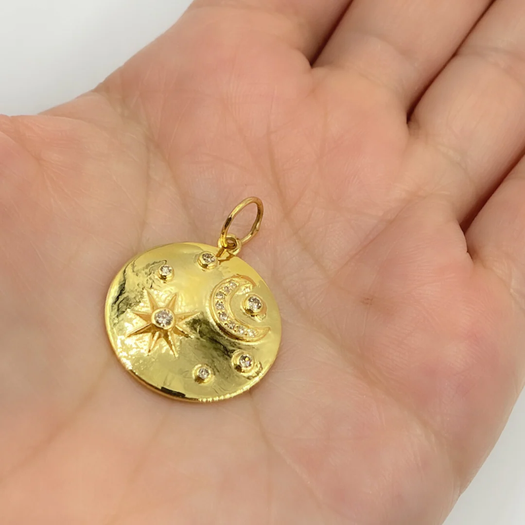 GDP279. 14K Solid Gold with Diamonds Circle Shape Charm with Moon and Star in the Center - Image 4