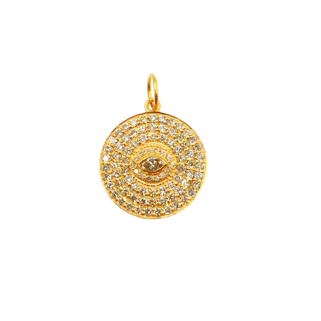 14K Solid Gold Circle Evil Eye Pendant Charm with Diamonds. GDP340 - Image 2