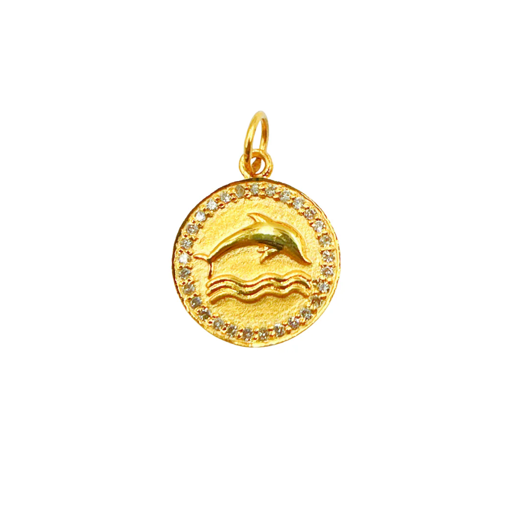 14K Solid Gold Diamond Circle Charm with Dolphin in the Center. GDP345