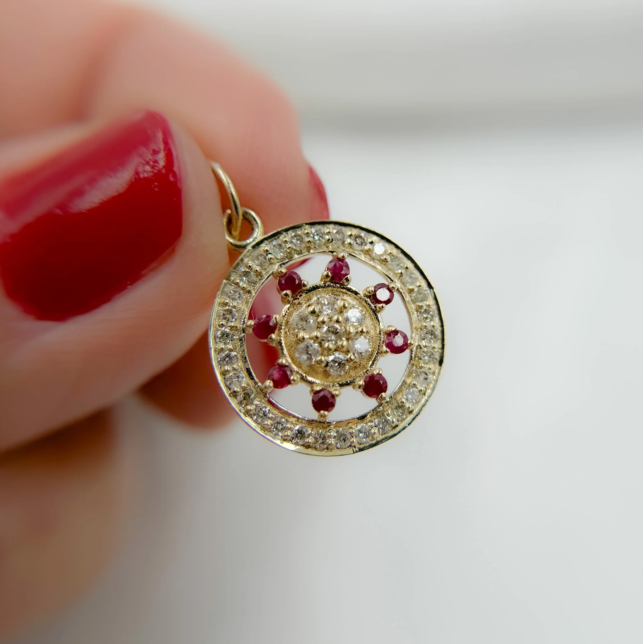 14K Solid Gold Circle Pendant with Diamonds & Ruby or Blue Sapphire Stone. GDP362 - Image 3