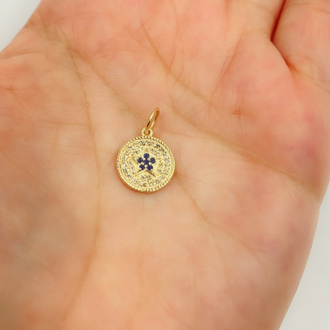 14K Solid Gold Diamond and Gemstone Star Circle Charm. GDP366 - Image 4