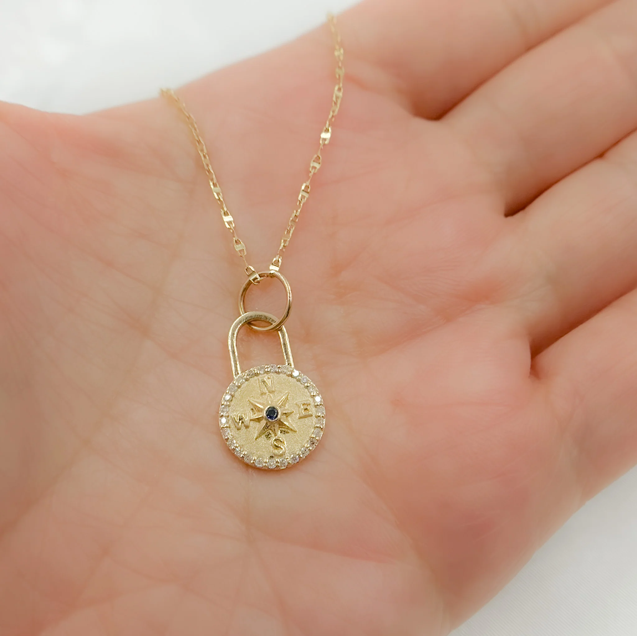 GDP369. 14k Solid Gold Diamond and Blue Sapphire Compass Charm
