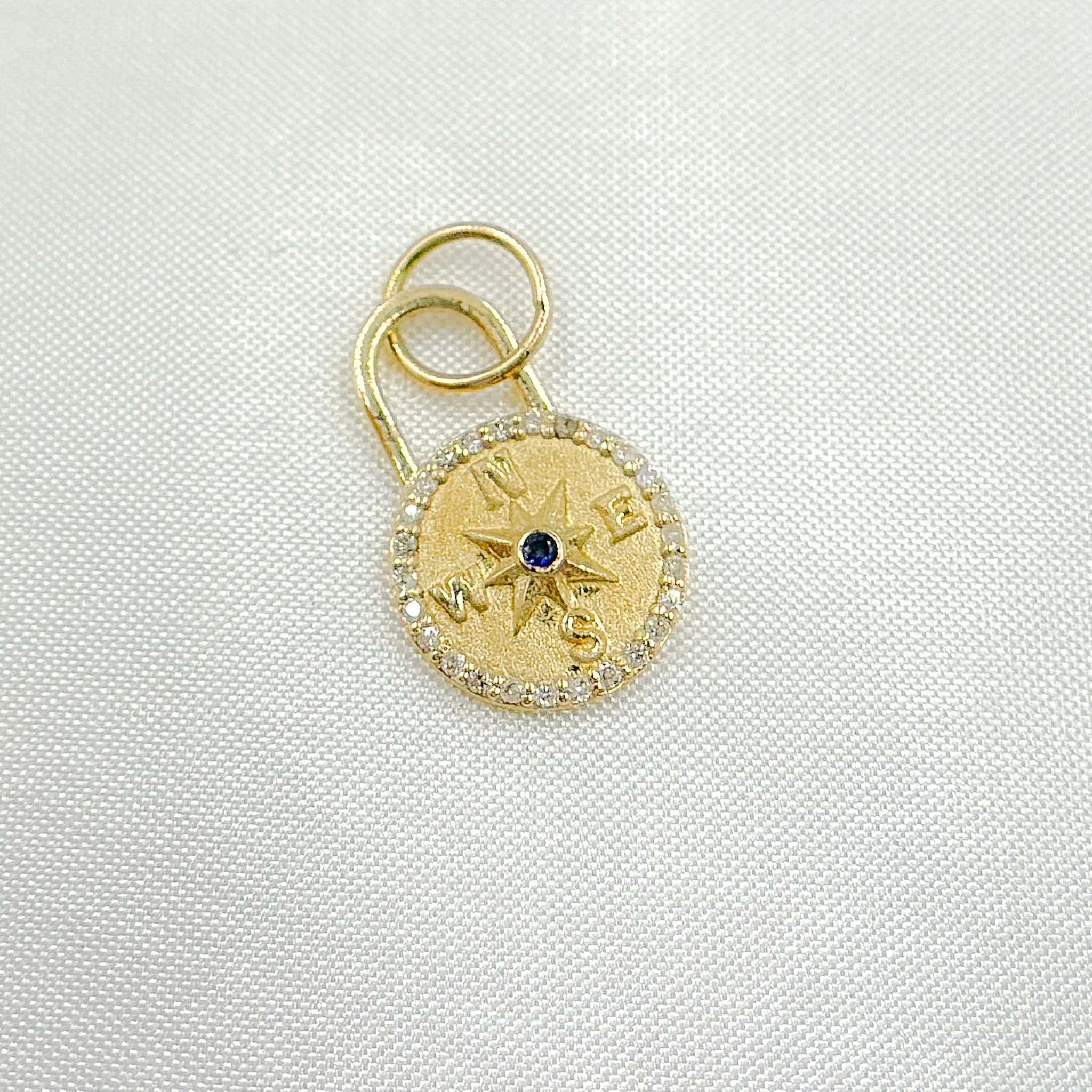 GDP369. 14k Solid Gold Diamond and Blue Sapphire Compass Charm - Image 2