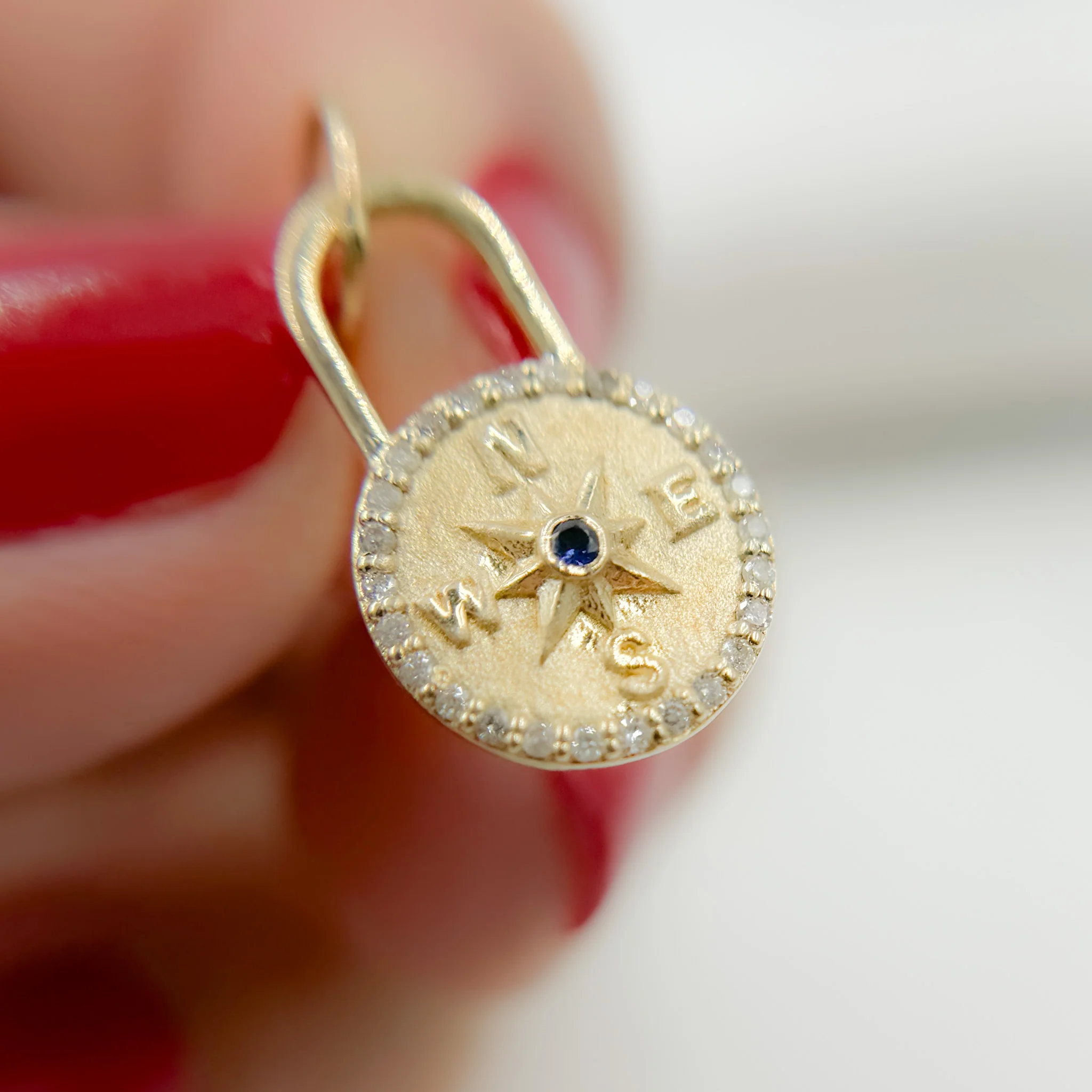 GDP369. 14k Solid Gold Diamond and Blue Sapphire Compass Charm - Image 4