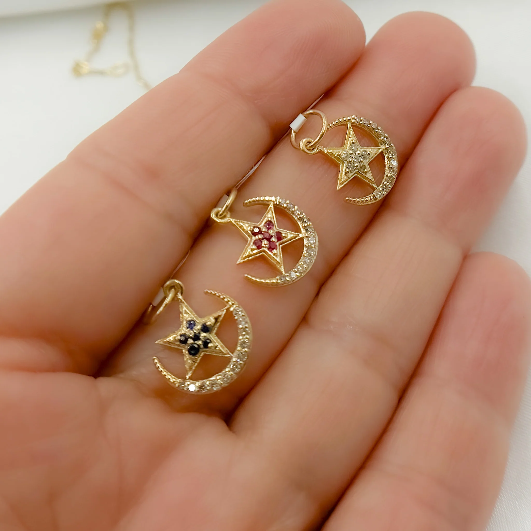 GDP403. 14k Solid Gold Diamond and Gemstone Moon and Star Charm - Image 6