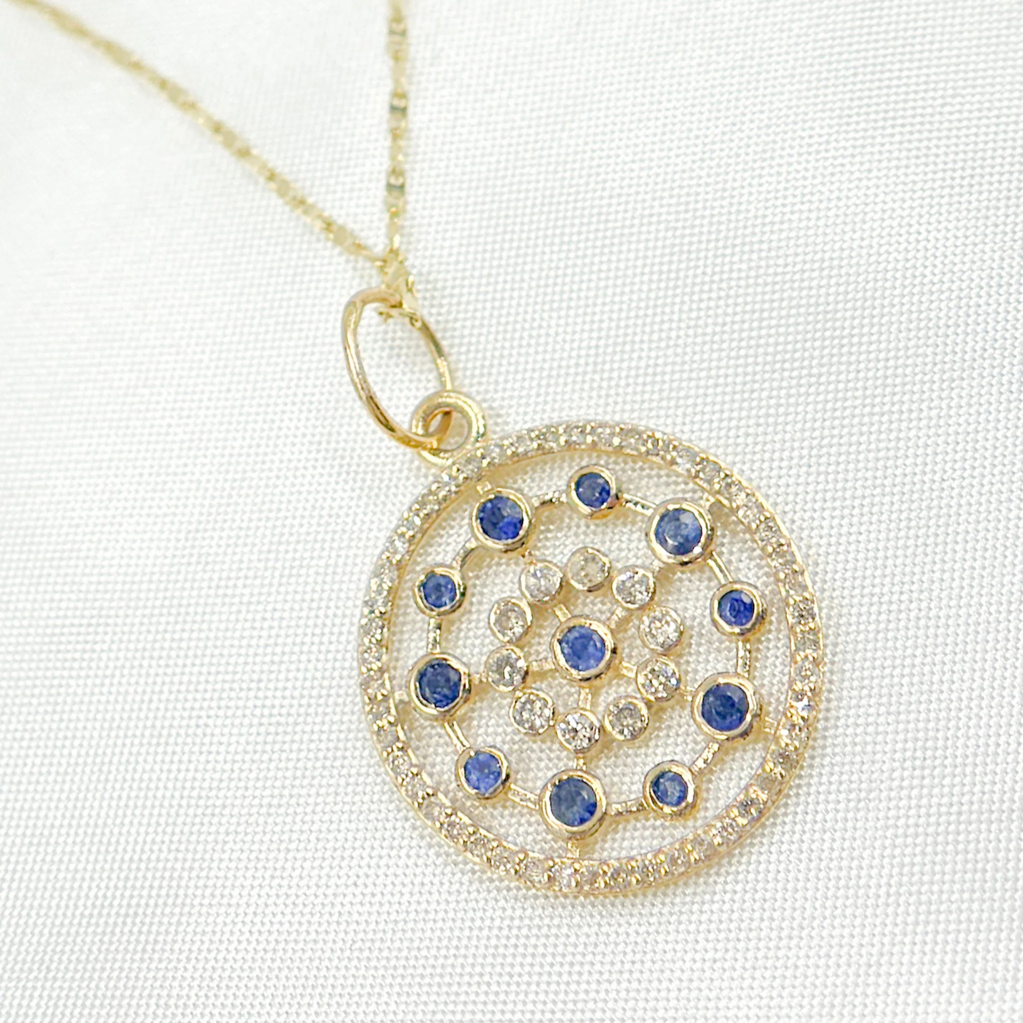 14k Solid Gold Diamond and Blue Sapphire Circle Charm. GDP414 - Image 2