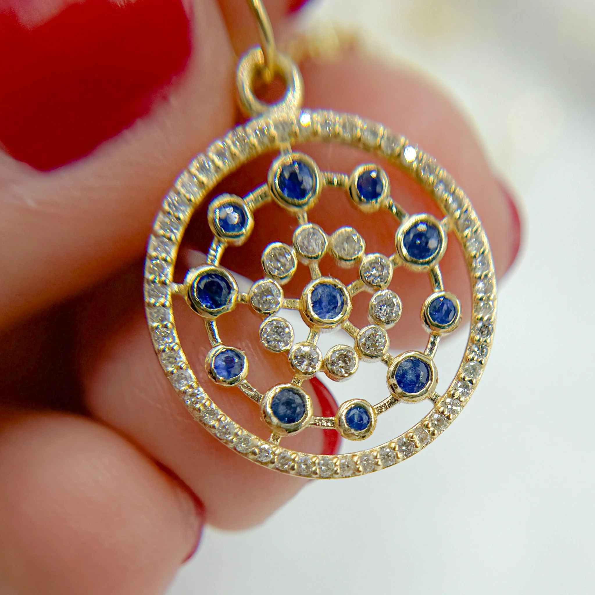 14k Solid Gold Diamond and Blue Sapphire Circle Charm. GDP414 - Image 3
