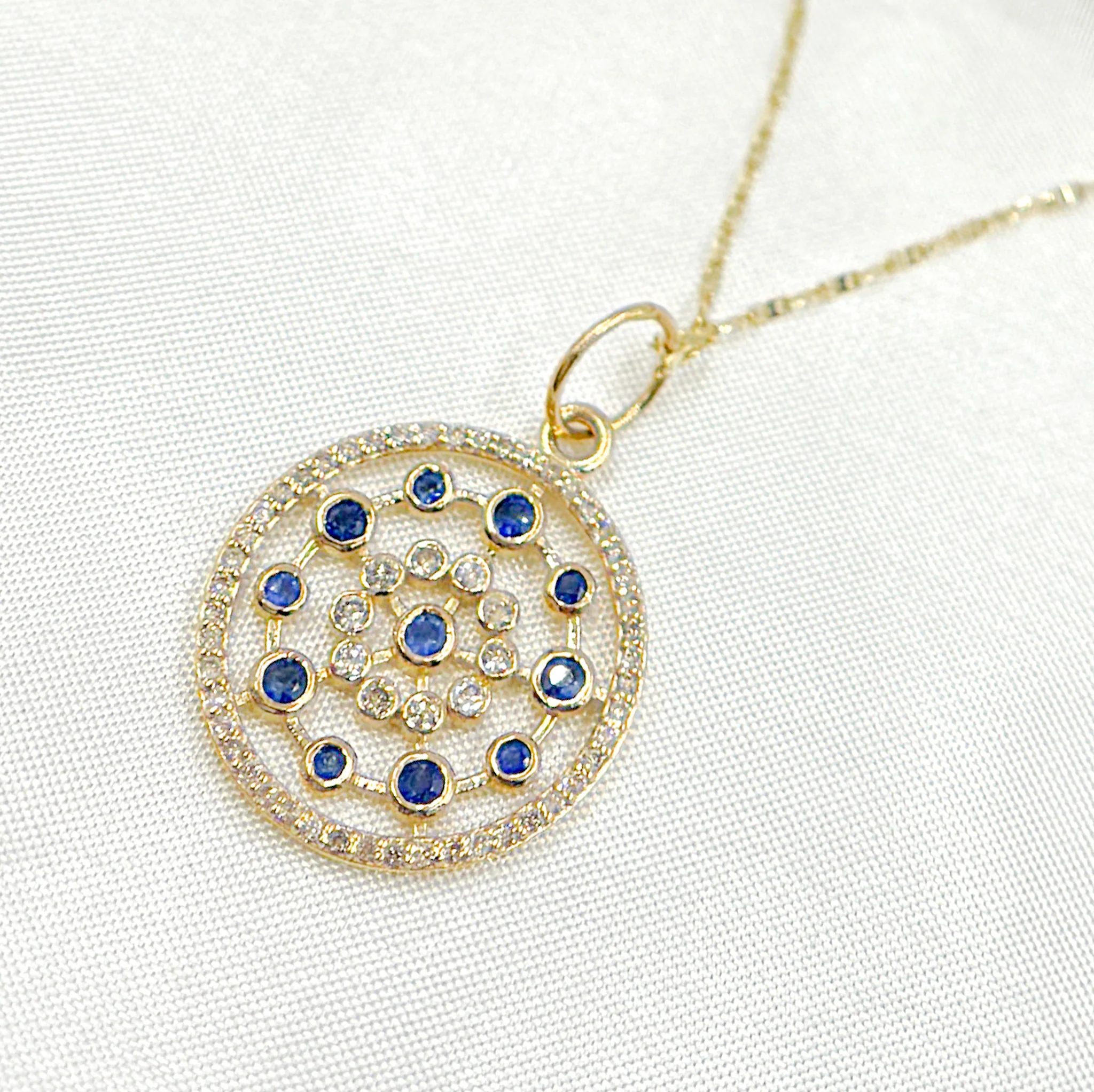 14k Solid Gold Diamond and Blue Sapphire Circle Charm. GDP414 - Image 4