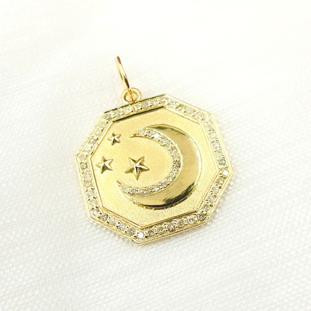 14K Gold Diamond Octahedron Charm with Moon and Stars. GDP427
