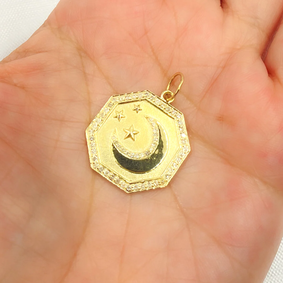 14K Gold Diamond Octahedron Charm with Moon and Stars. GDP427 - Image 4