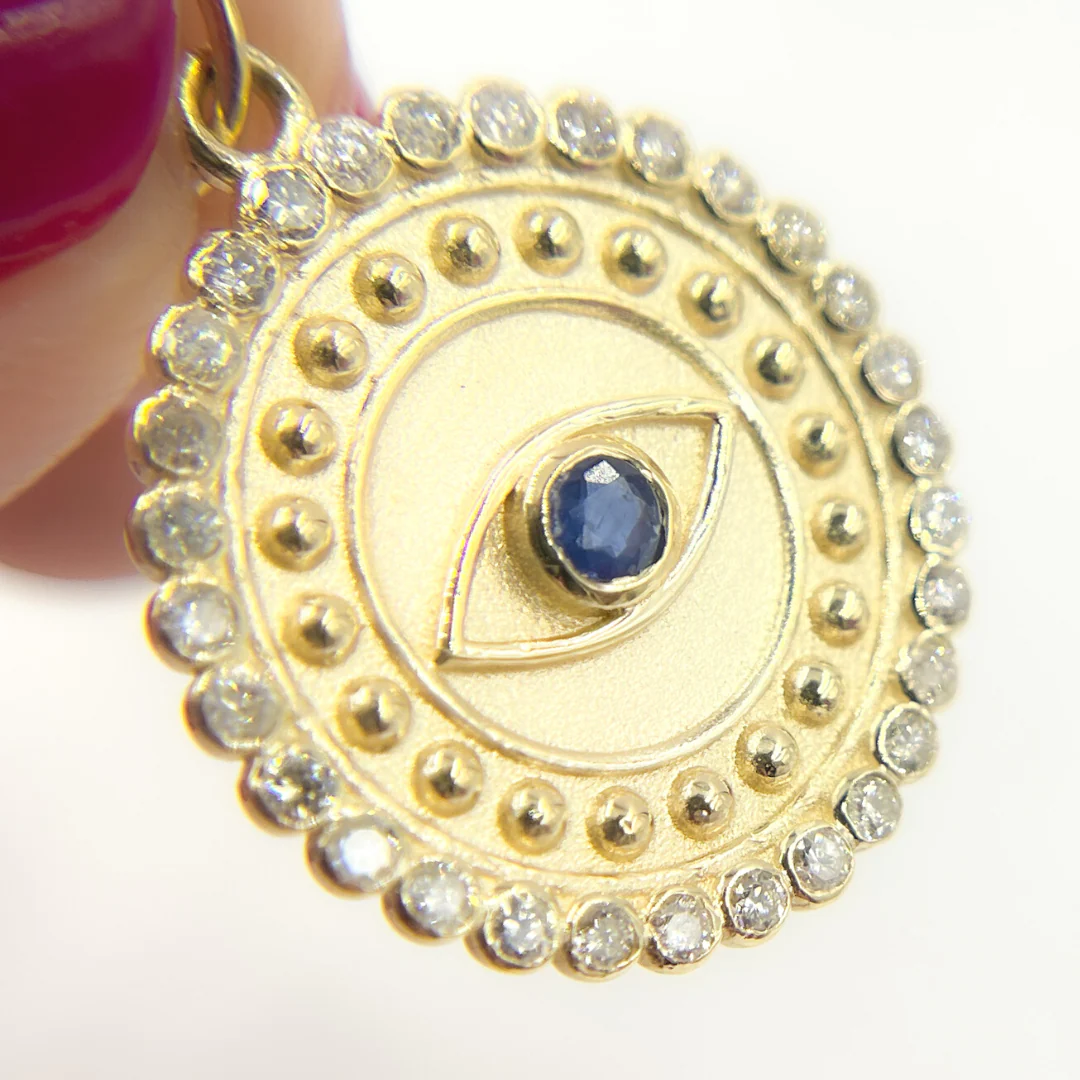 14K Solid Gold Diamond Evil Eye Circle Charm. GDP436 - Image 5
