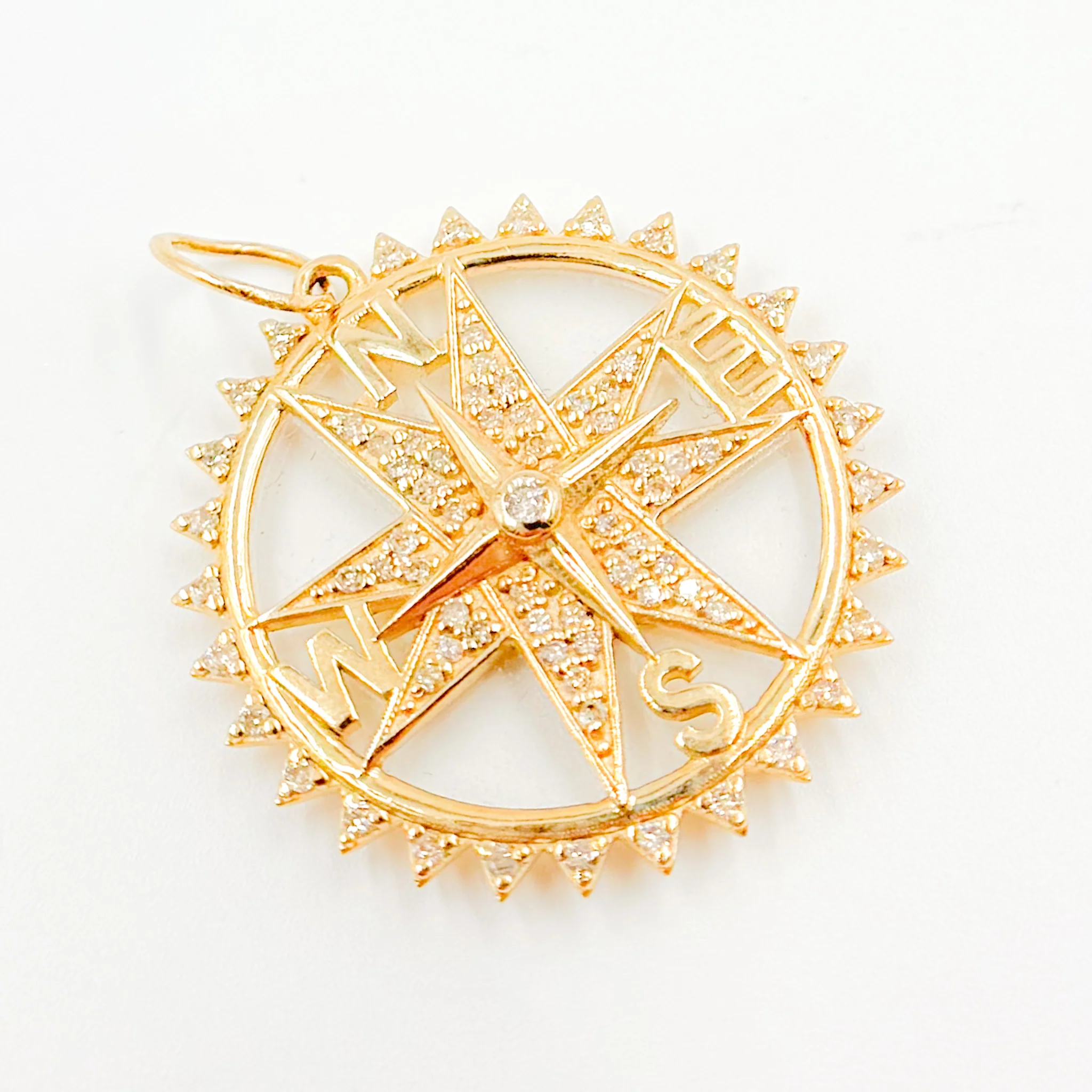 GDP443. 14K Gold Crystal Diamond Round Compass Pendant