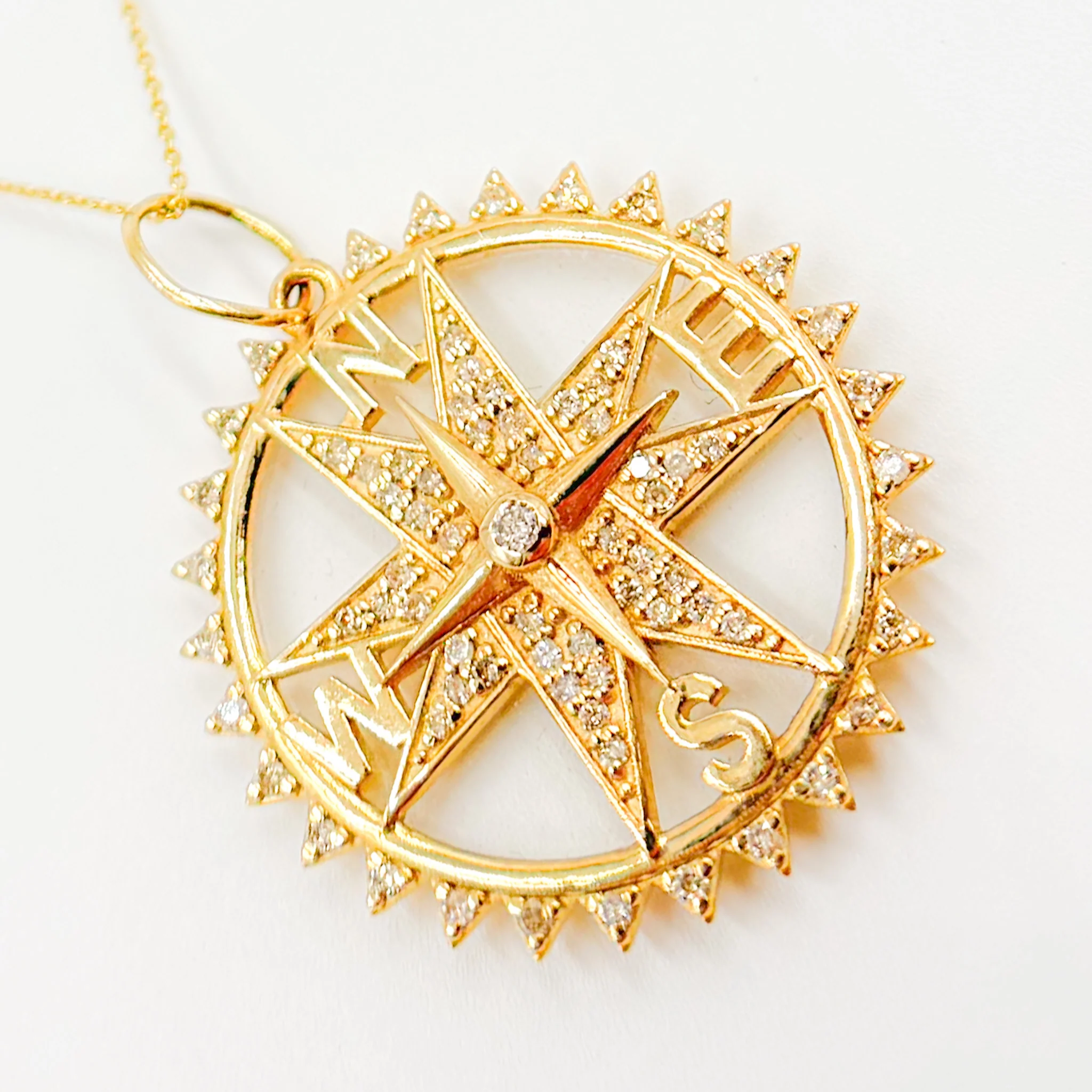GDP443. 14K Gold Crystal Diamond Round Compass Pendant - Image 4