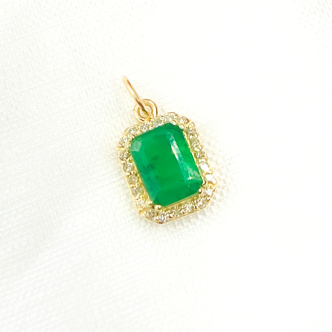 GDP474. 14K Solid Gold Diamond and Emerald Rectangle Charm