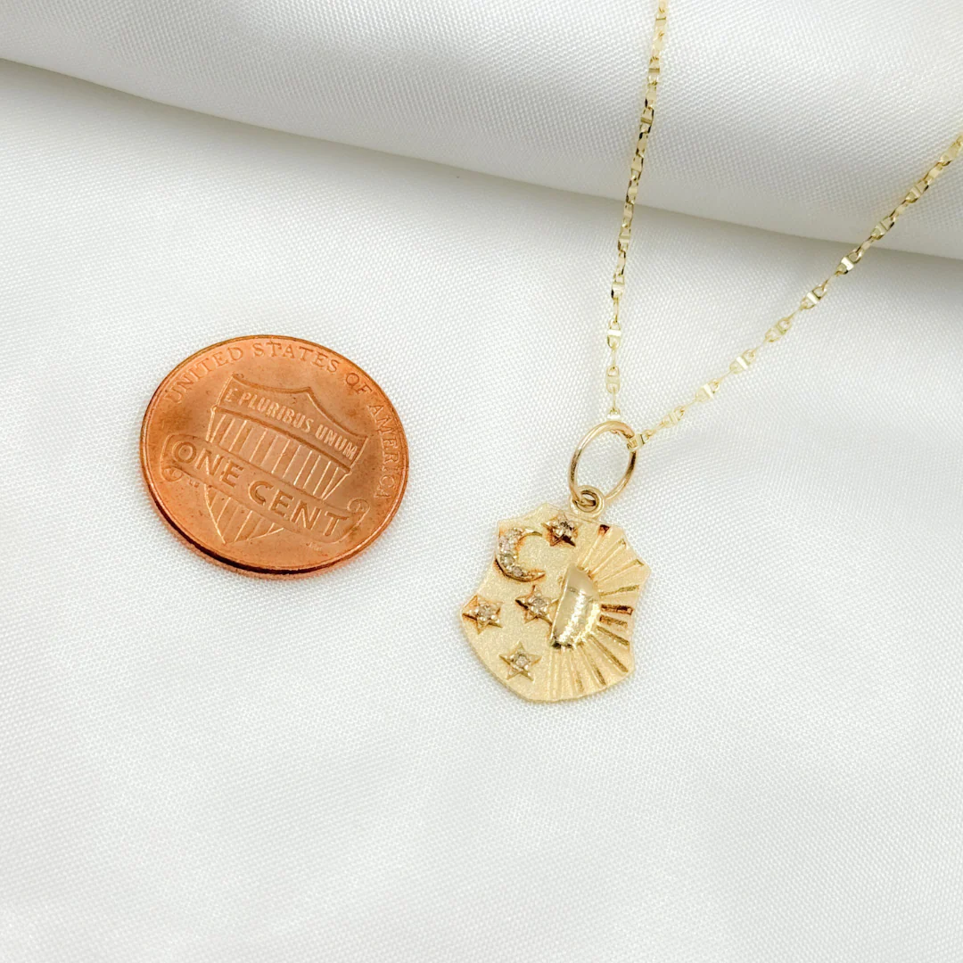 GDP504. 14K Solid Gold Diamond Shield Charm with Sun, Moon and Stars - Image 2