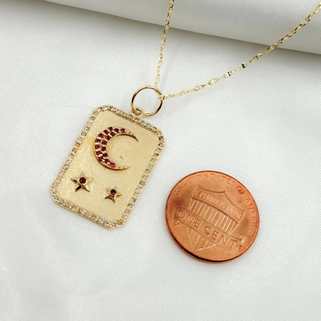 14K Solid Gold Rectangular Charm with Moon and Stars in Diamond and Gemstones. GDP526 - Image 2