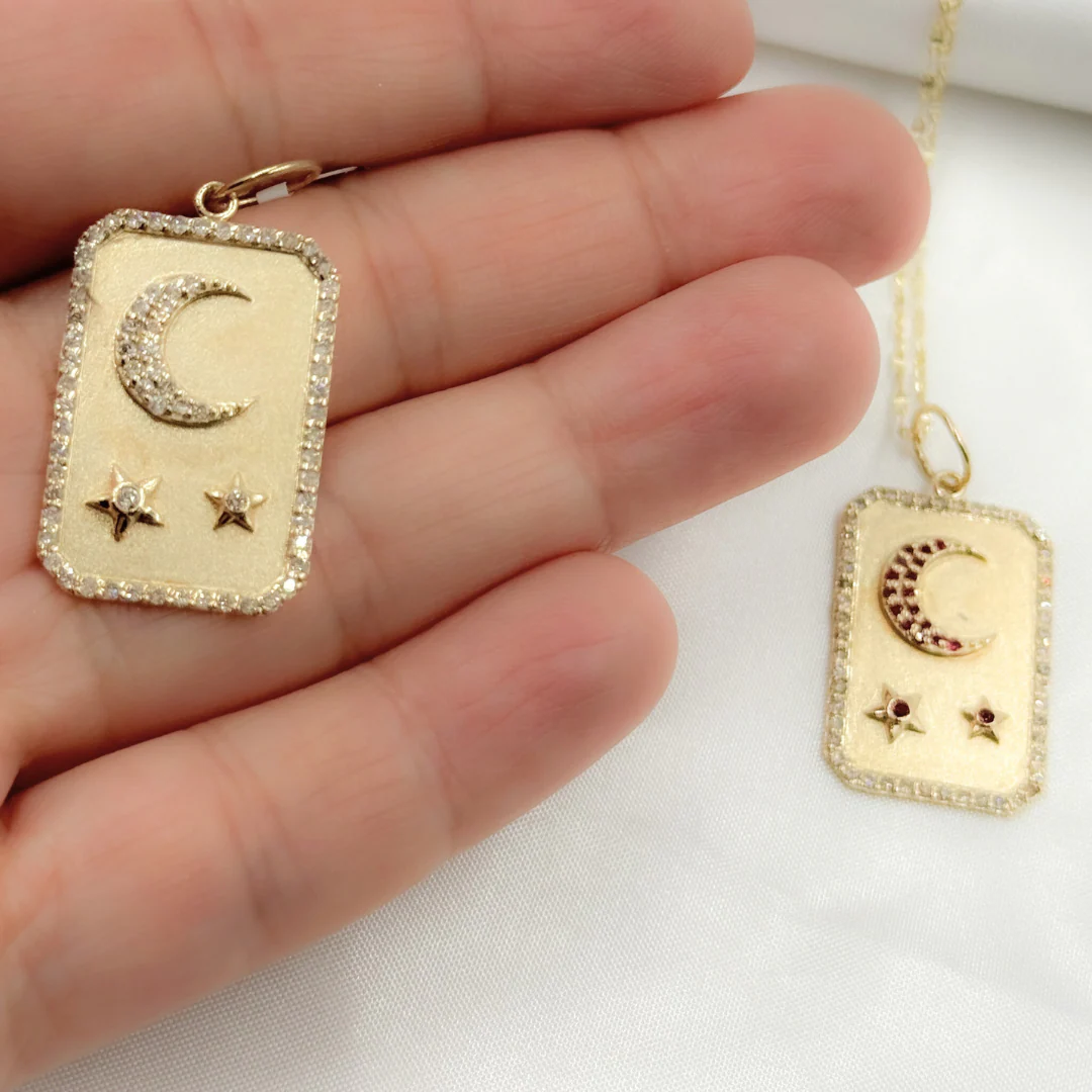 14K Solid Gold Rectangular Charm with Moon and Stars in Diamond and Gemstones. GDP526 - Image 4