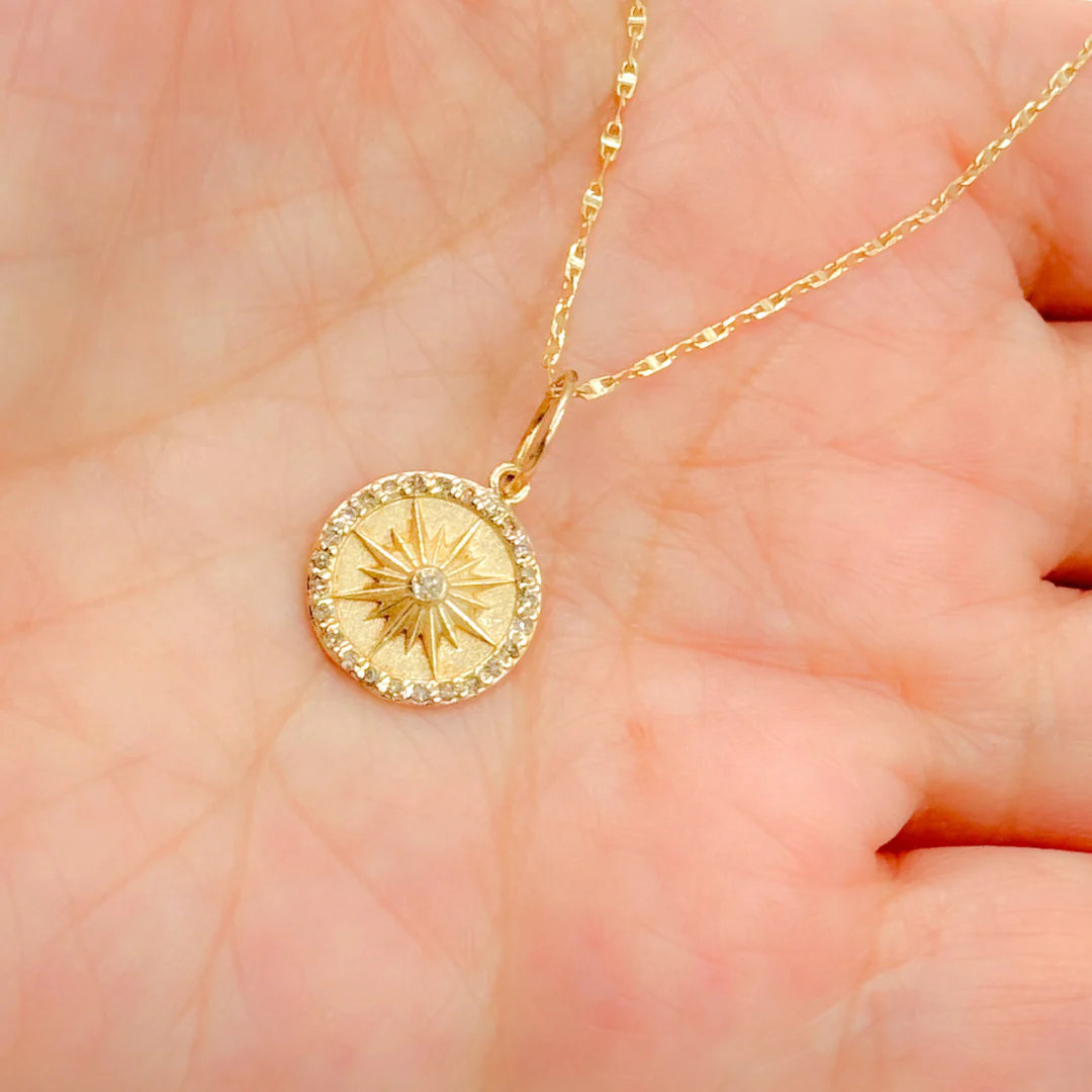 GDP530. 14K Solid Gold Circle Charm with Diamonds and Star in the Center - Image 3