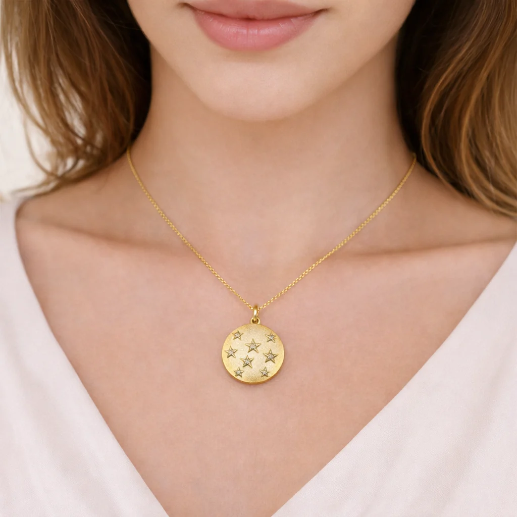 GDP537. 14K Solid Gold Circle Charm with Diamond Stars