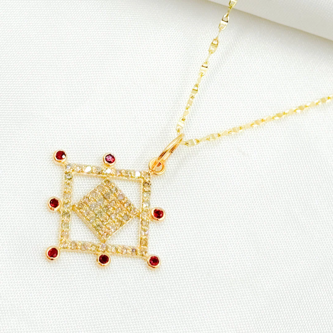 GDP543. 14K Solid Gold Fancy Square Charm with Diamond and Gemstones