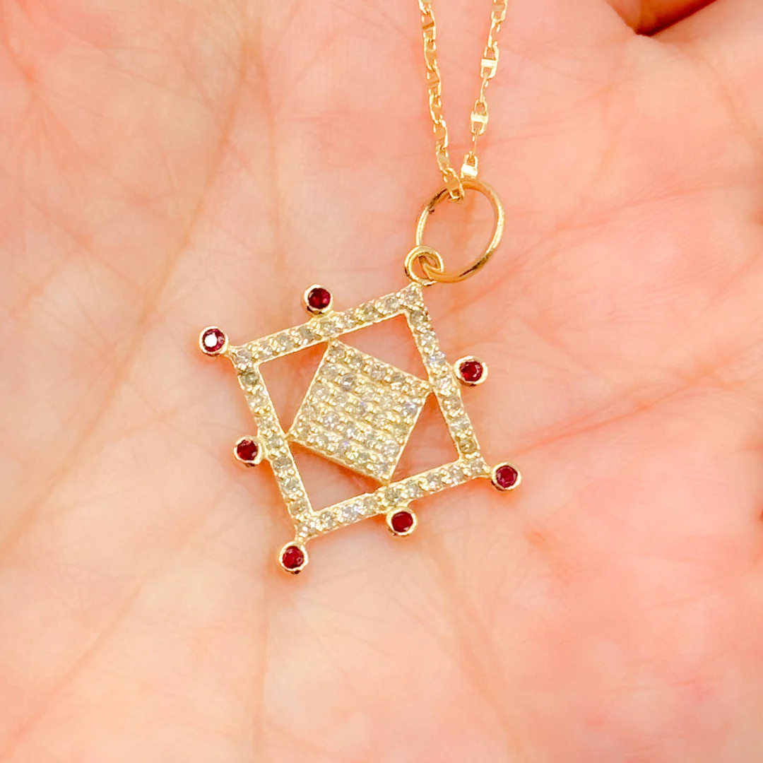 GDP543. 14K Solid Gold Fancy Square Charm with Diamond and Gemstones - Image 2