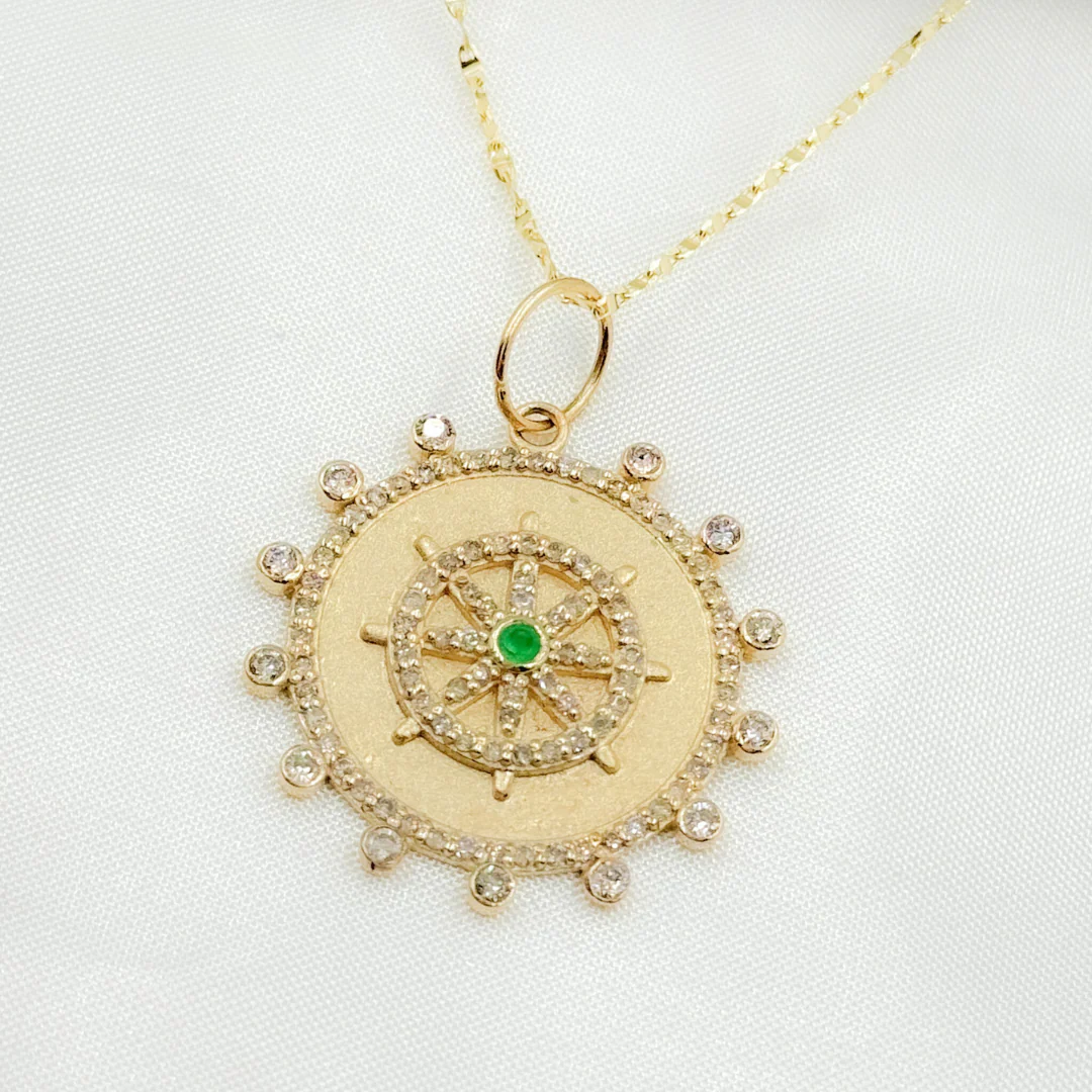 GDP559. 14K Solid Gold Circle Charm with Star in the Center with Diamonds and Gemstone