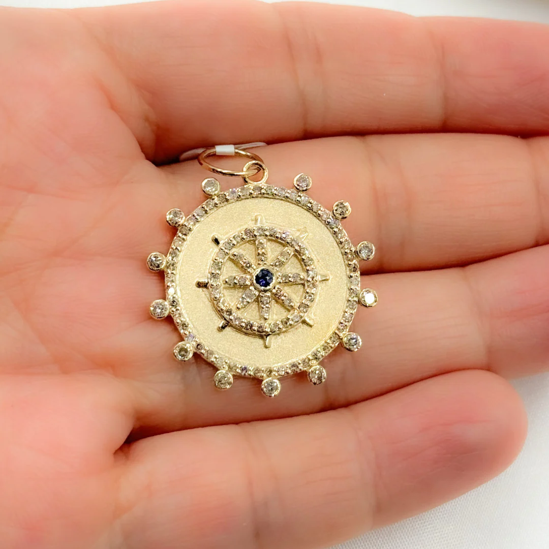 GDP559. 14K Solid Gold Circle Charm with Star in the Center with Diamonds and Gemstone - Image 4