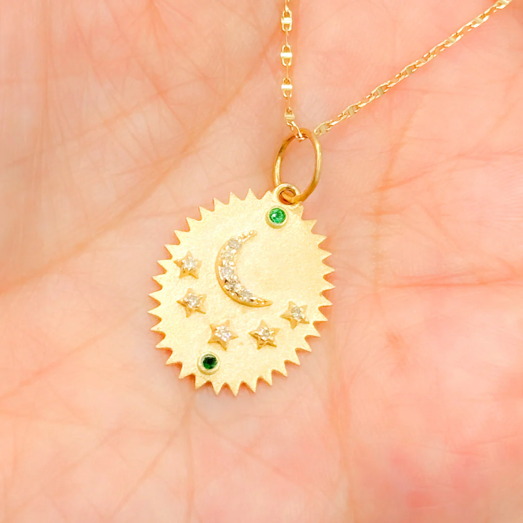 GDP624. 14K Solid Gold with Diamond Oval Shape Charm with Moon and Stars in the Center - Image 3