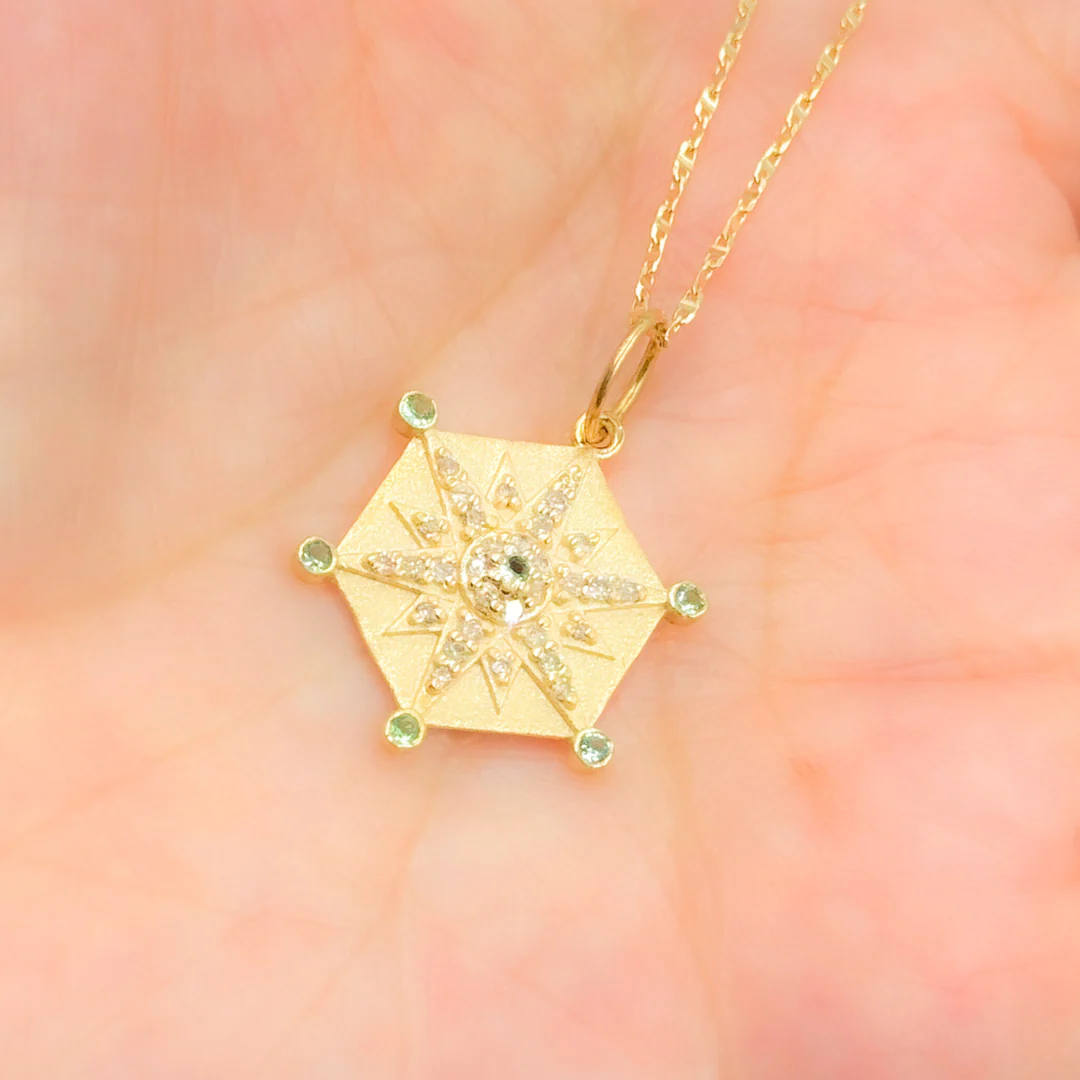 GDP637. 14K Solid Gold Star Charm in Hexagon with Diamonds and Gemstones - Image 2
