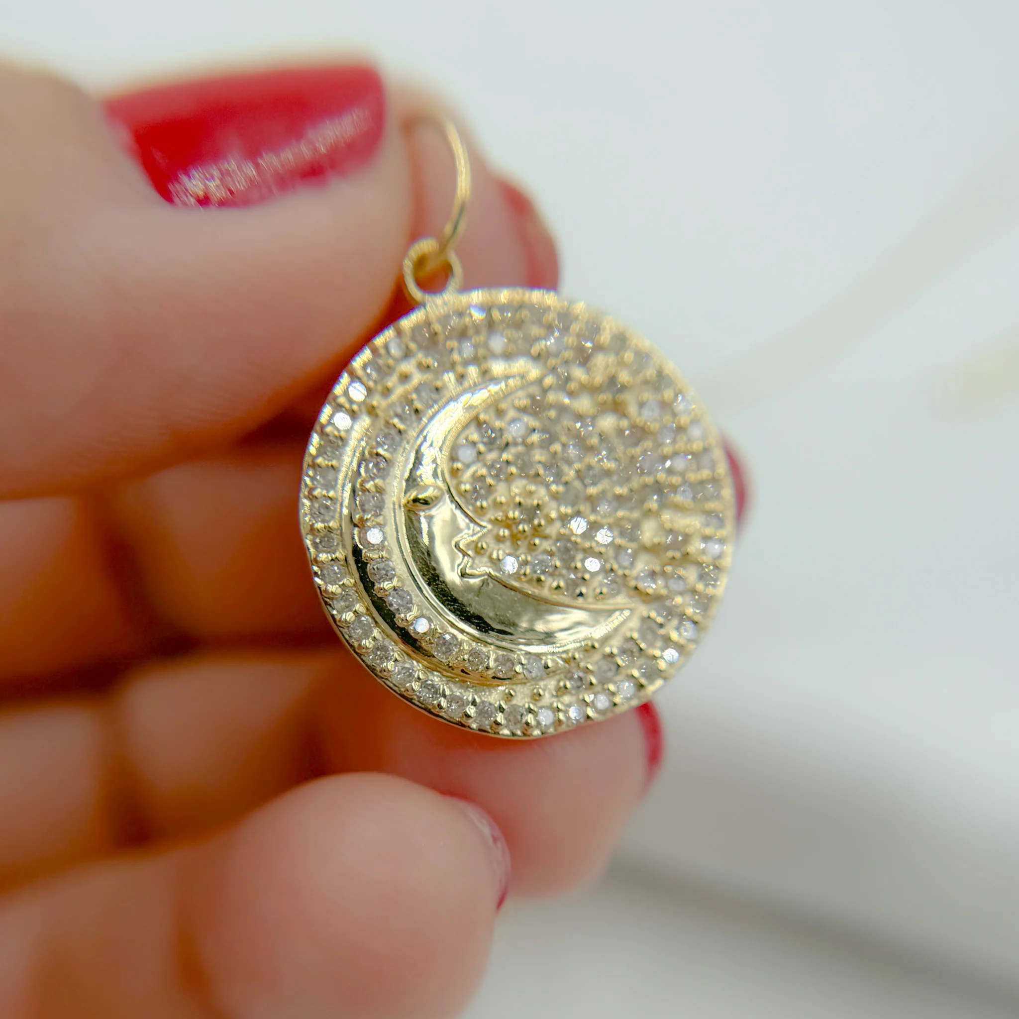 14k Solid Gold Diamond Moon and Star Circle Charm. GDP654 - Image 2