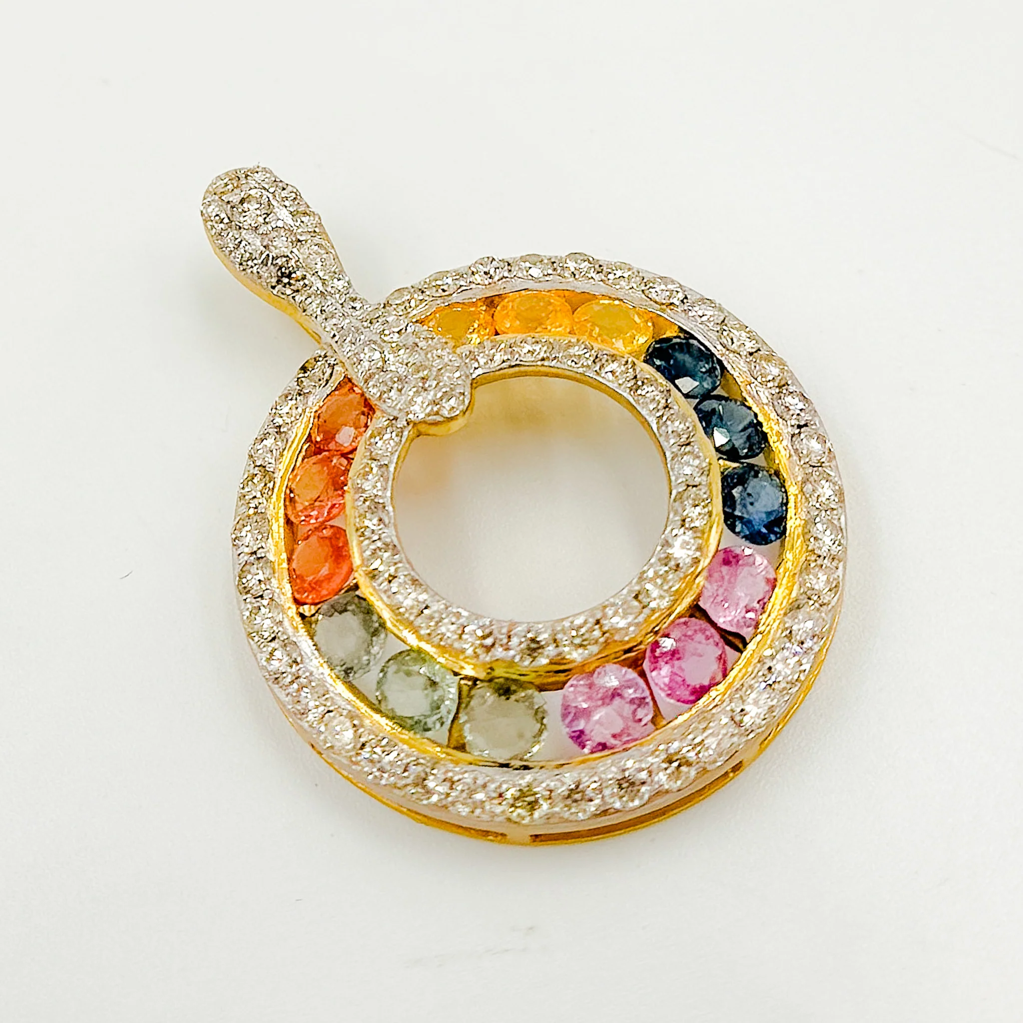 GDP805. 14K Solid Gold Multi Sapphire Round Pendant - Image 2