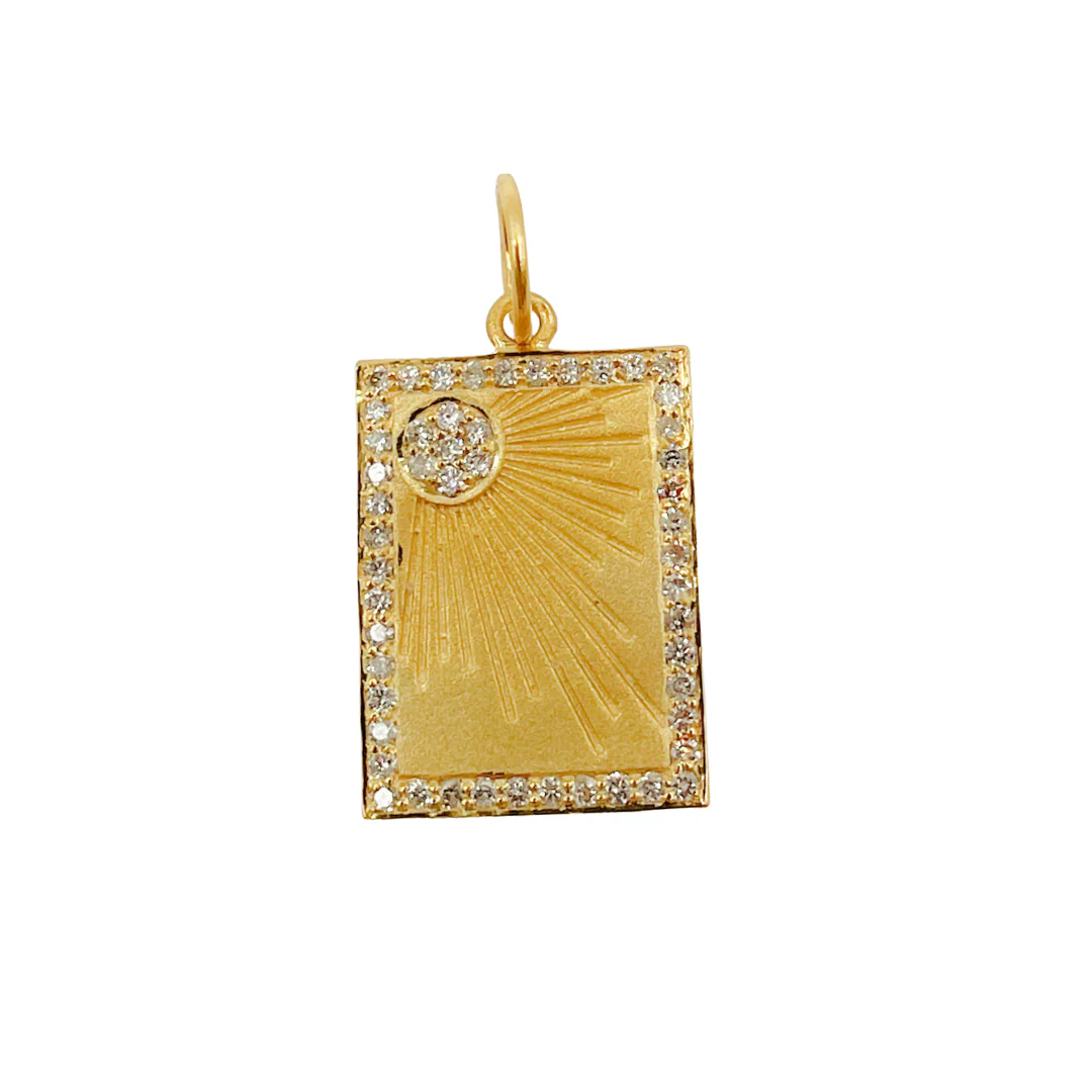 GDP89. 14K Solid Gold with Diamonds Rectangle Shape with Sun Charm
