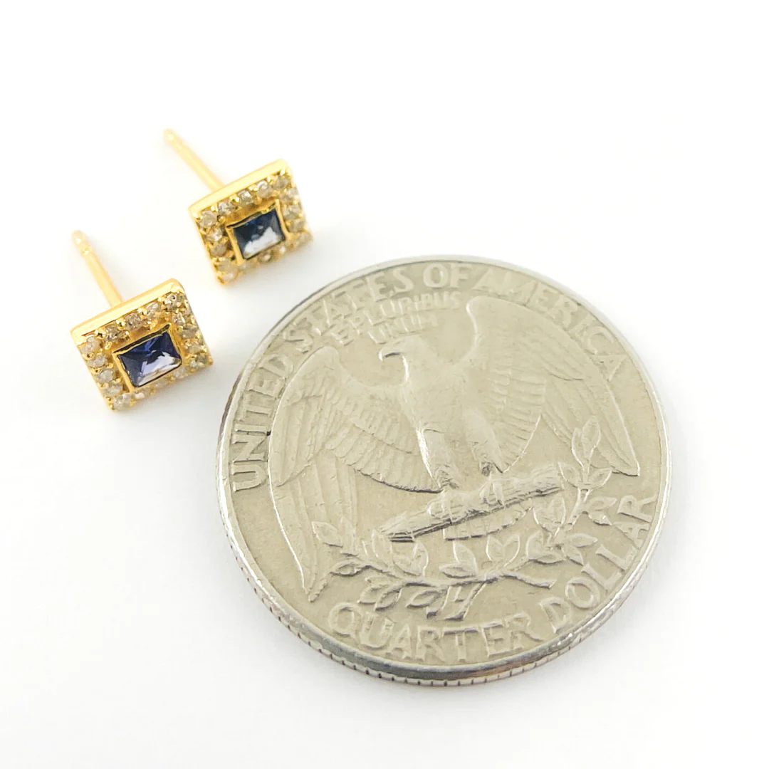 GDT14. 14K Gold, Diamonds and Blue Sapphire Square Earrings - Image 4