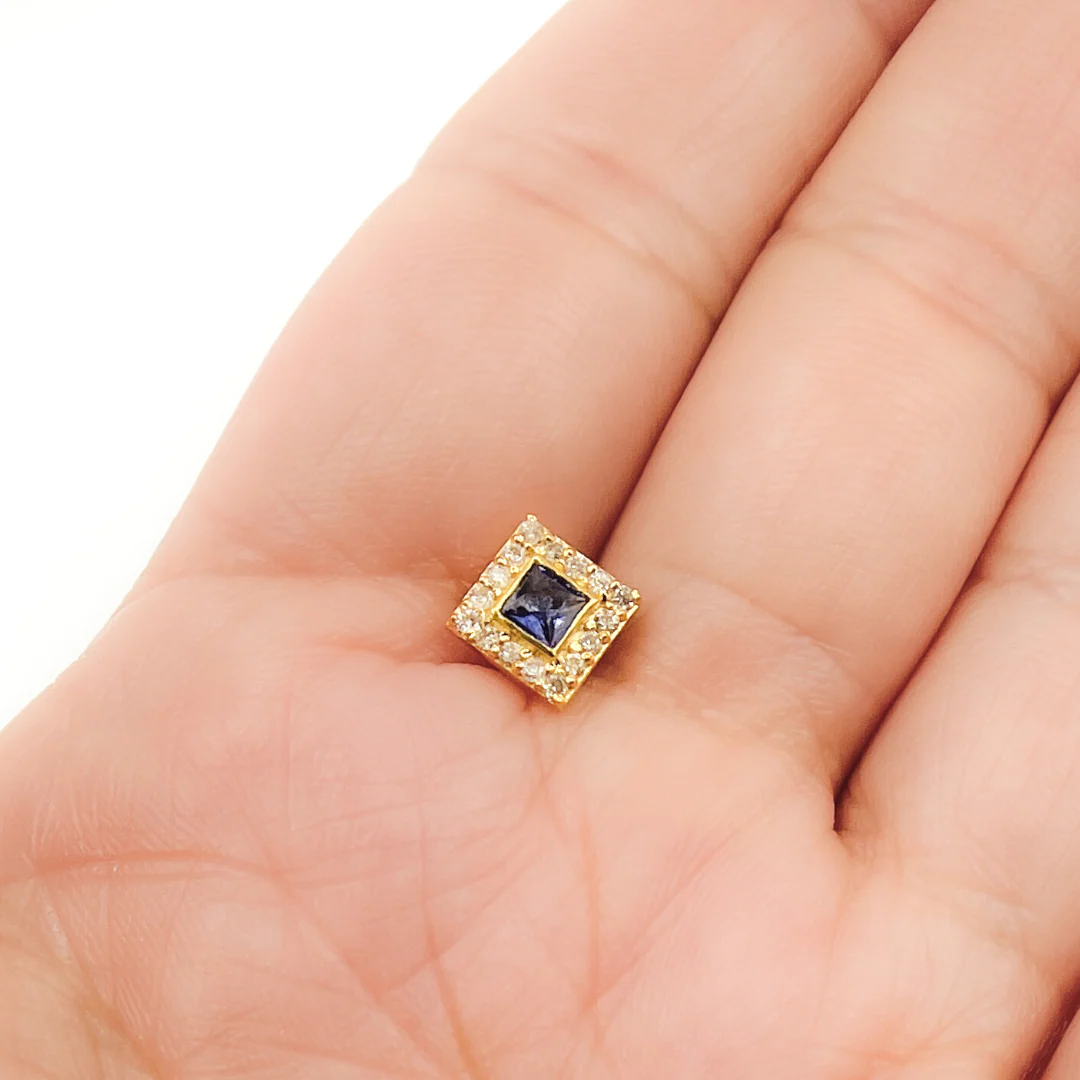 GDT14. 14K Gold, Diamonds and Blue Sapphire Square Earrings - Image 6