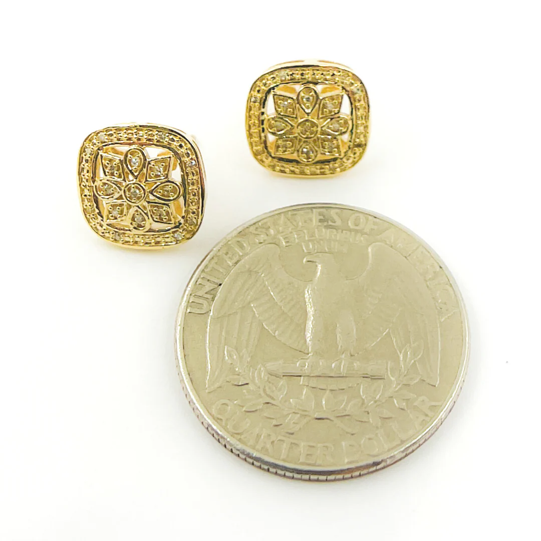 EFB50898. 14K Solid Gold and Diamonds Square Flower Earrings - Image 4