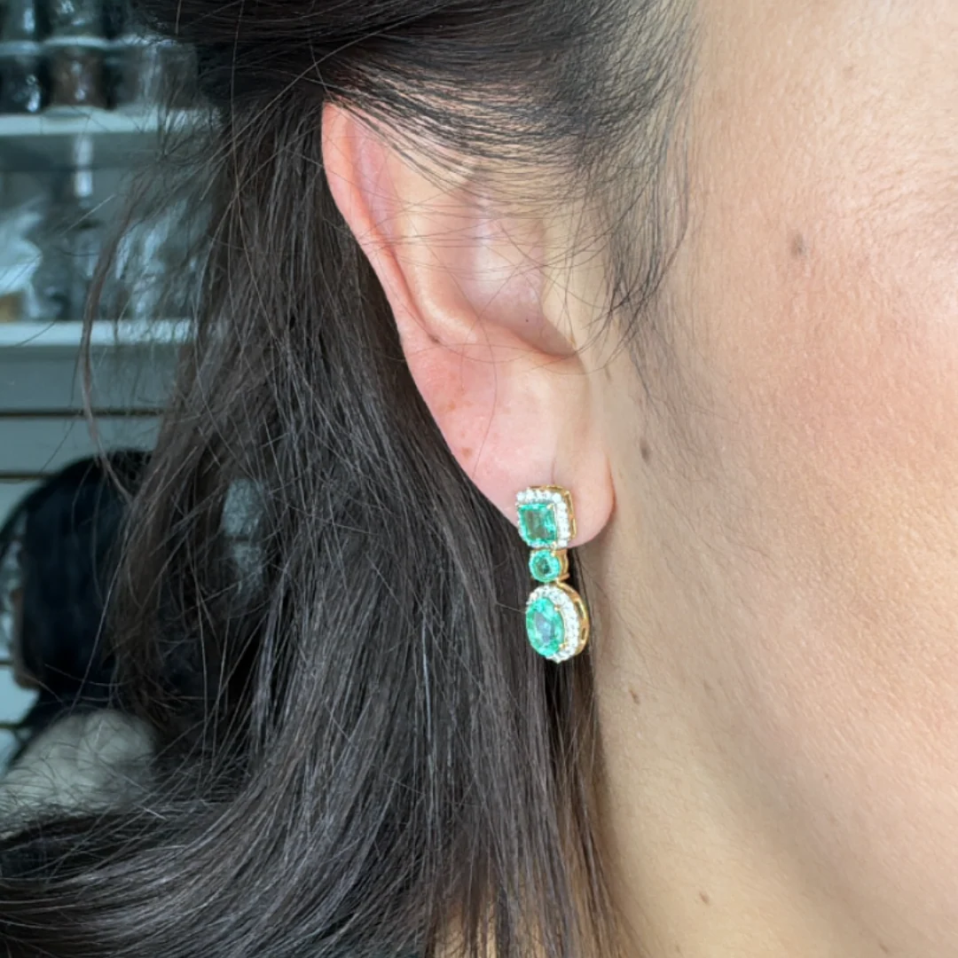 GDT502EM. 14k Solid Gold Diamond and Emerald Dangle Stud Earrings - Image 2