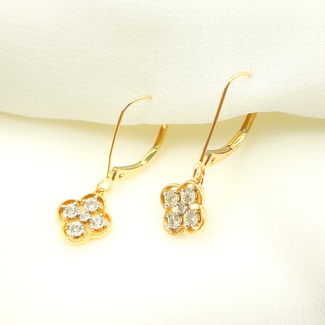 GDT63. 14K Solid Gold and Diamonds Flower Dangle Earrings