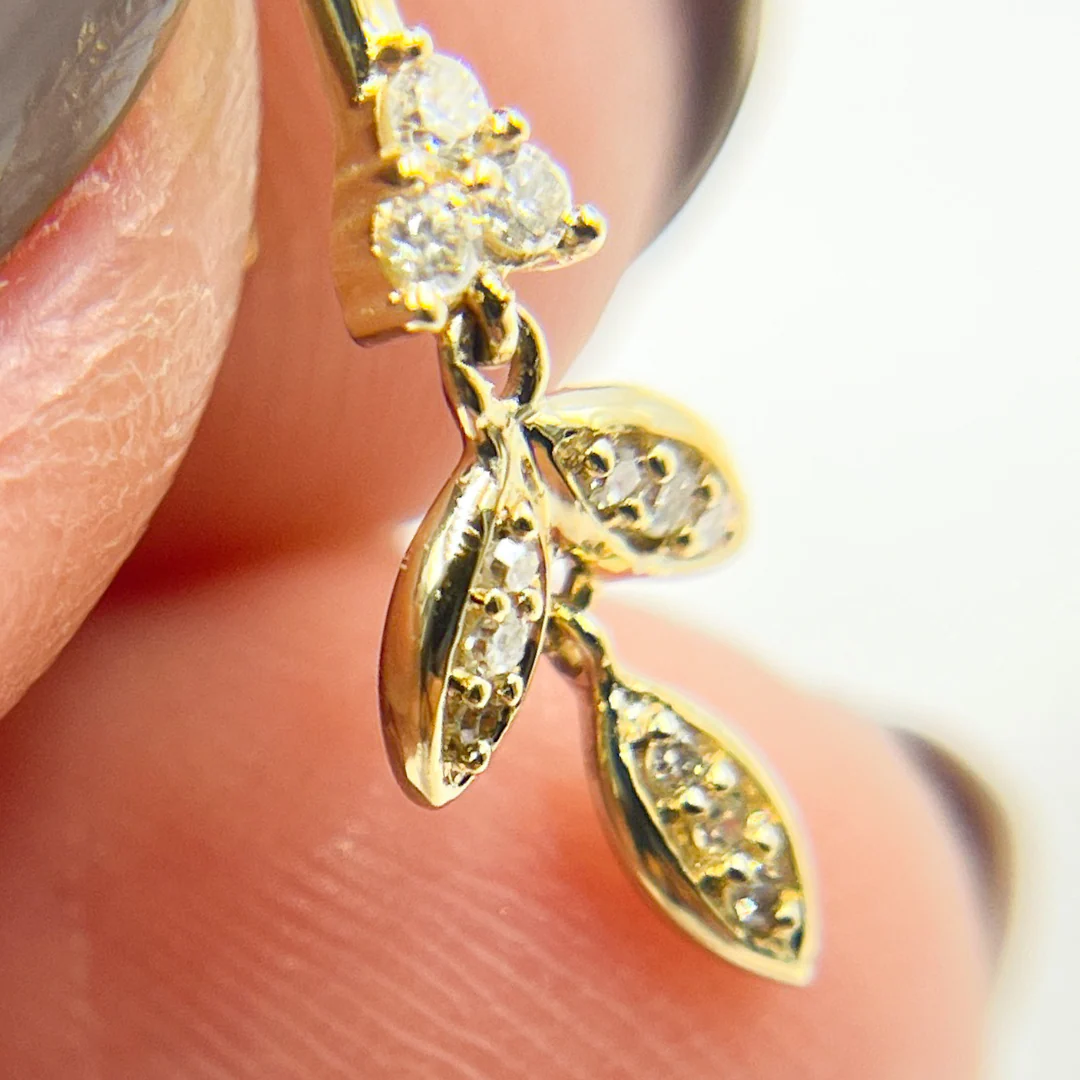 EFB51706. 14k Solid Yellow Gold Diamond Dangle Leaves Earrings - Image 6