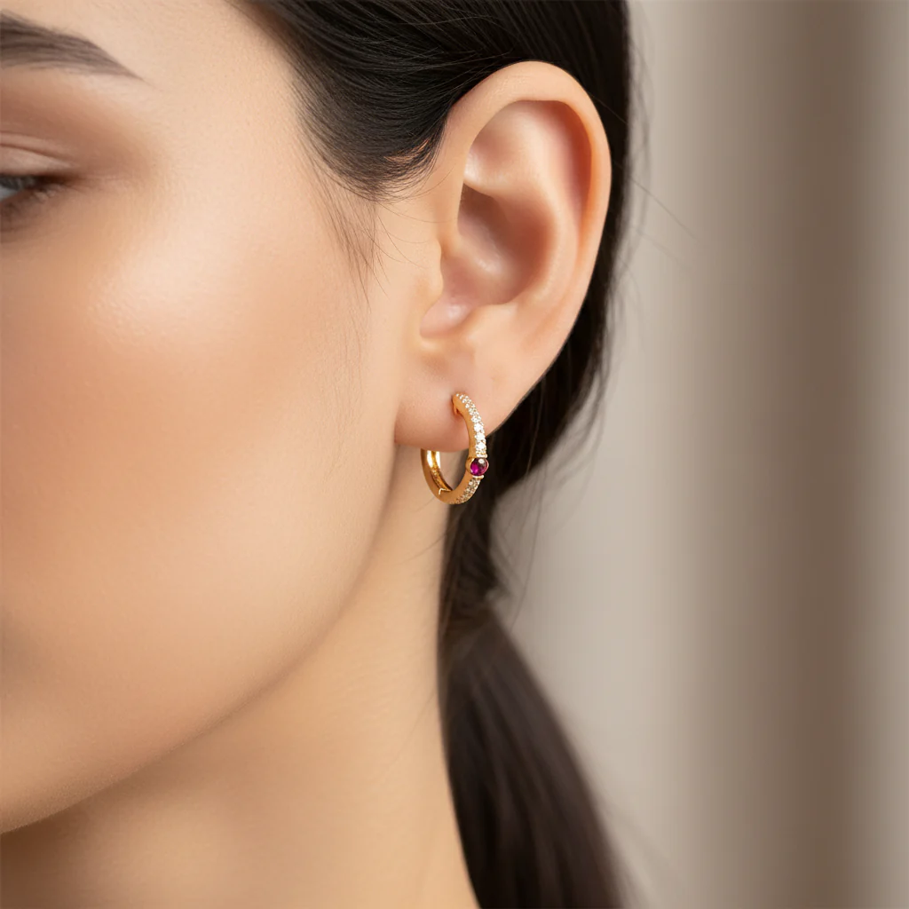 EHC56664. 14K Solid Gold Gemstone & Diamond & Hoop Earrings - Image 5
