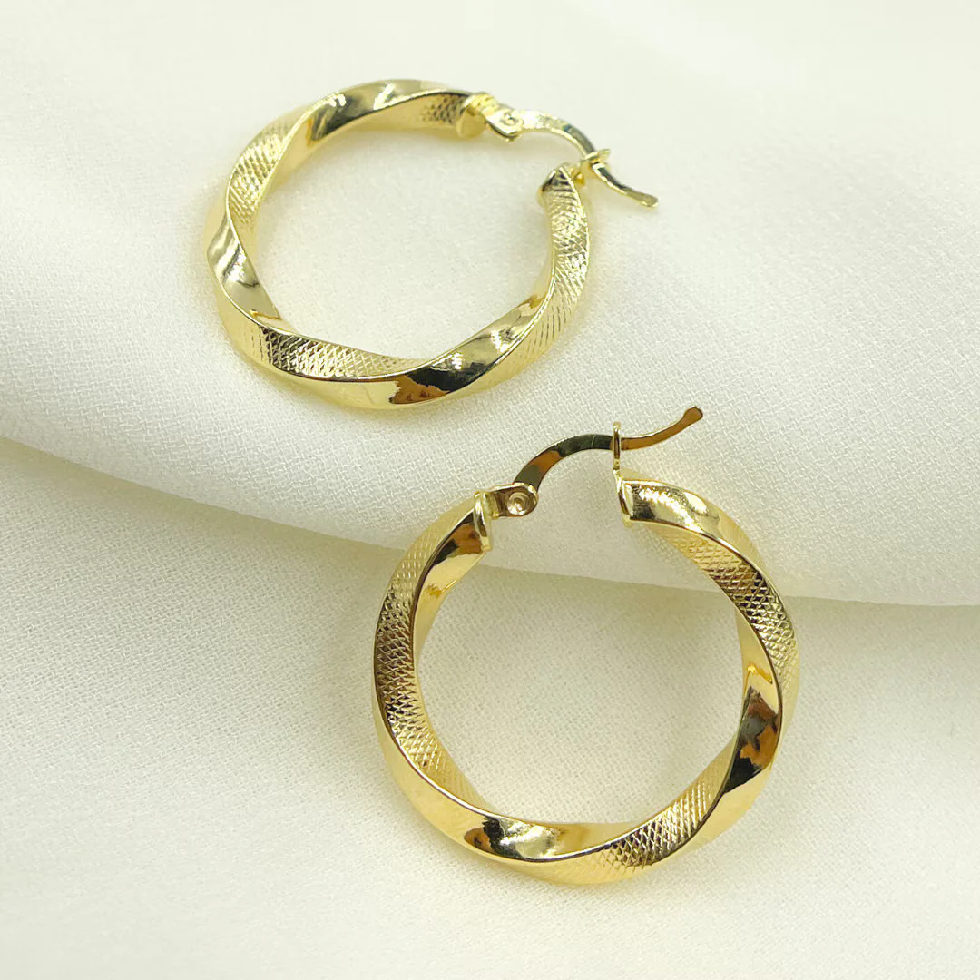 GER120. 14K Solid Gold Twisted Textured Hollow Hoop Earrings 26mm – Lightweight Hoops - Image 3